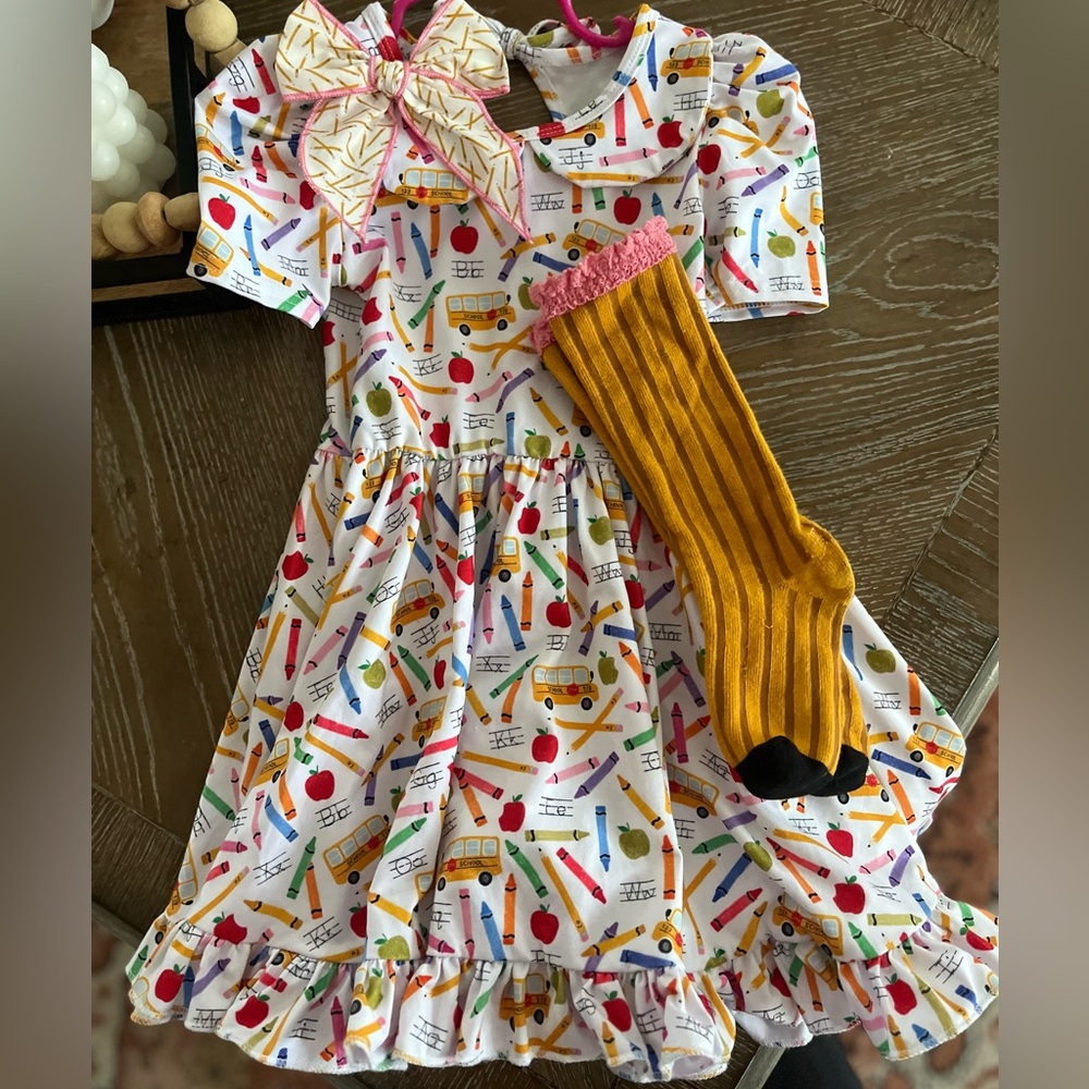 Little stocking co. School dress, socks and bow
